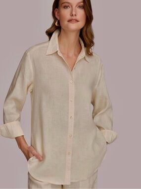 Donna Karan Yellow-Cream Button-Down Women Linen Shirt